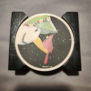 Barb Tourtillotte Snowman Cardinal Sandstone Coaster Set with Black Holder
